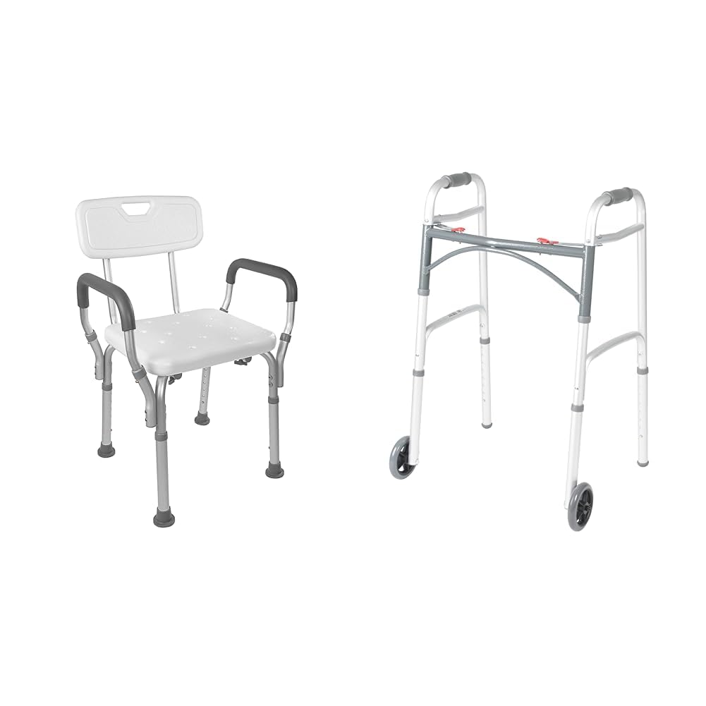 Shower Chair Bath Seat with Padded Arms and Adjustable Legs & Folding Walker with Wheels V47144