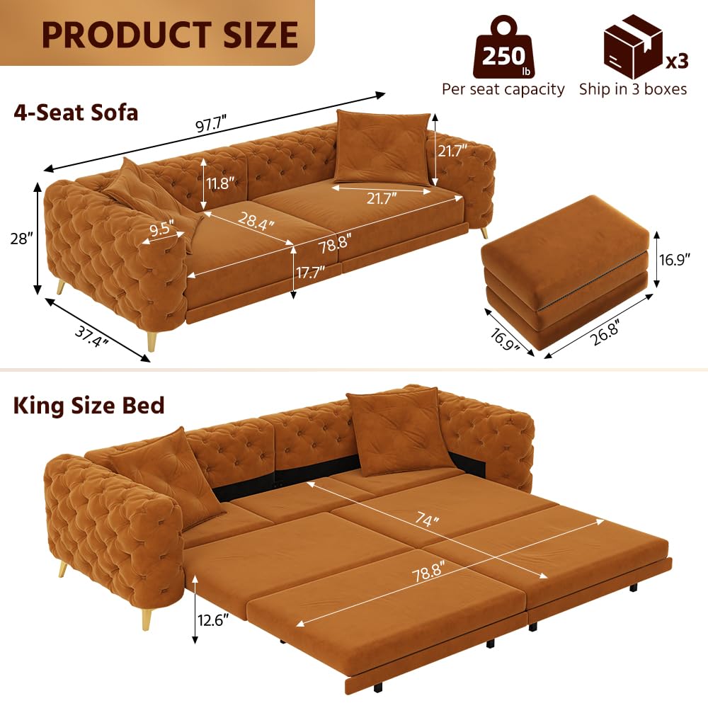 Orange Velvet 3 in 1 Convertible Sleeper Sofa E64856