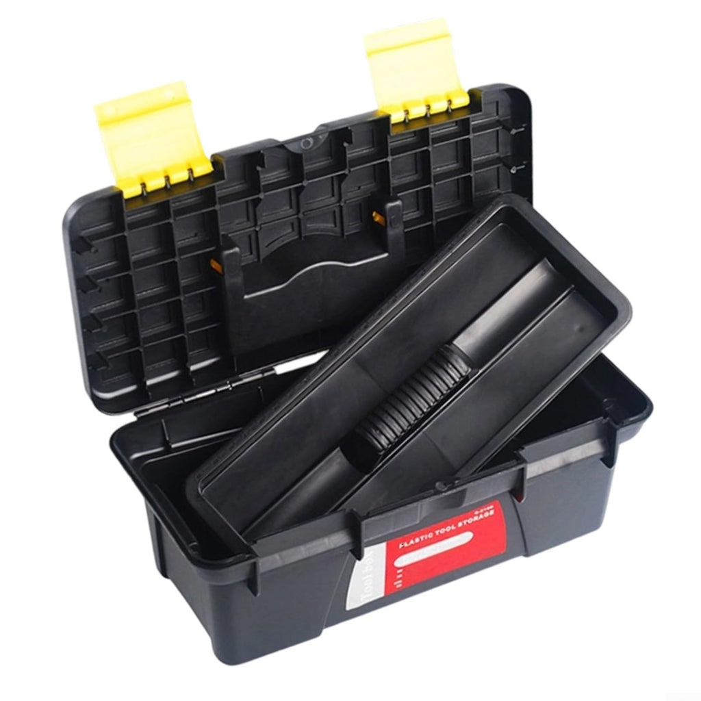 10 Inch Plastic Toolbox with Dual Layer Organization and Secure Latch, Black T62832