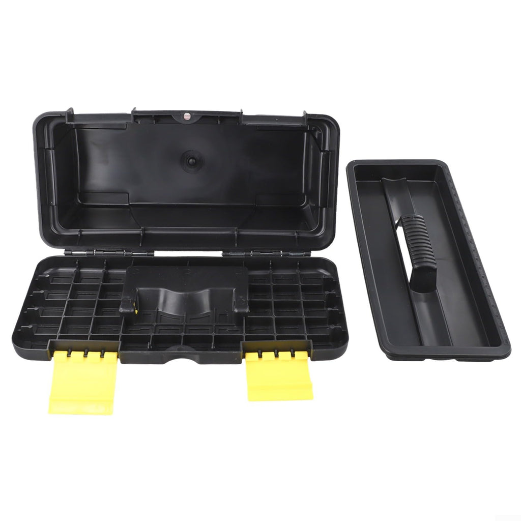 10 Inch Plastic Toolbox with Dual Layer Organization and Secure Latch, Black T62832