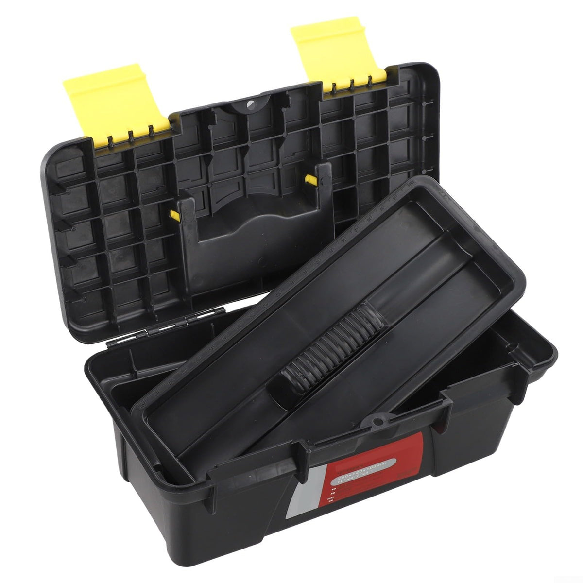 10 Inch Plastic Toolbox with Dual Layer Organization and Secure Latch, Black T62832