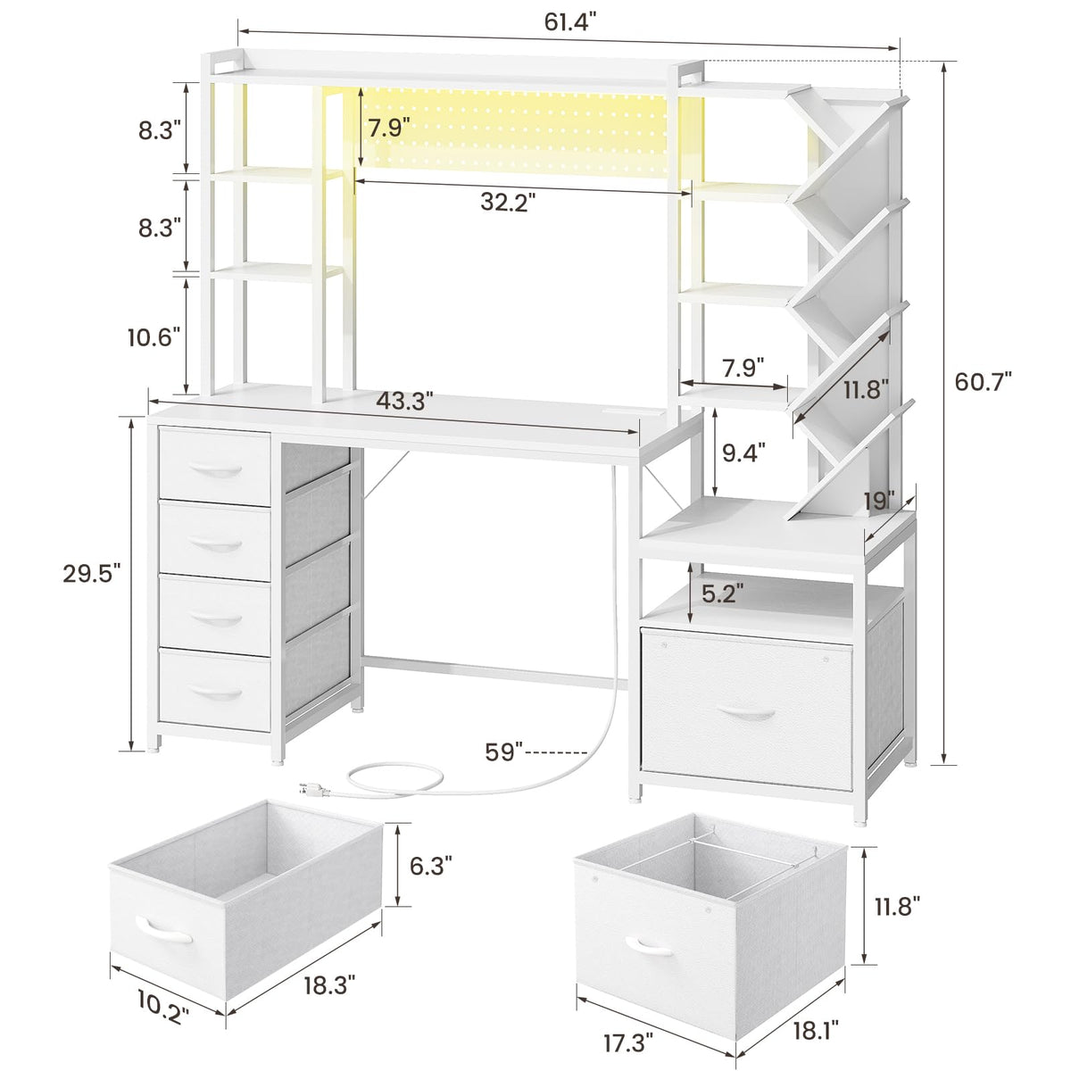 61.4" Computer Desk with Bookshelf, 5 Drawers, Hutch, Outlet, LED T7134