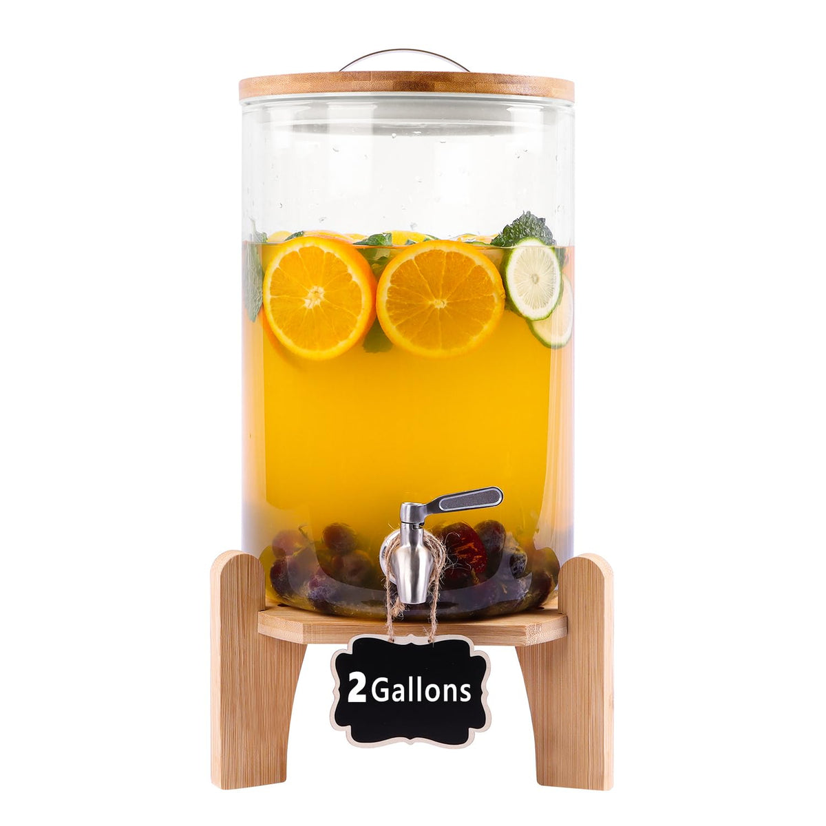 2 Gallon Glass Beverage Dispenser with Wood Stand and Stainless Steel Spigot S246899