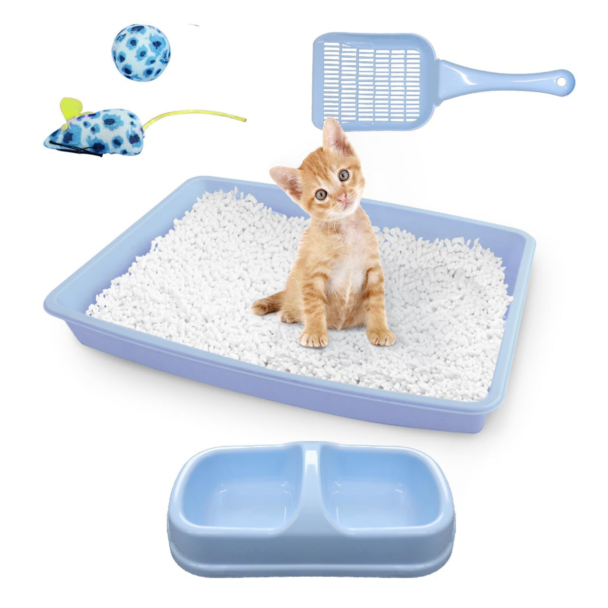 Cat Litter Box Set with Litter Scoop, Double Dish Cat Bowl, Mouse and Ball Toy L80534