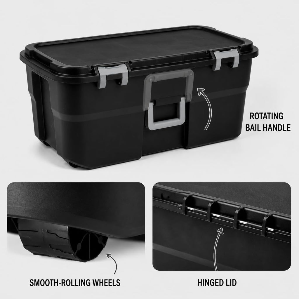 Rolling Storage Trunk with Wheels and Handle, 22 Gallon Black Bin O261610