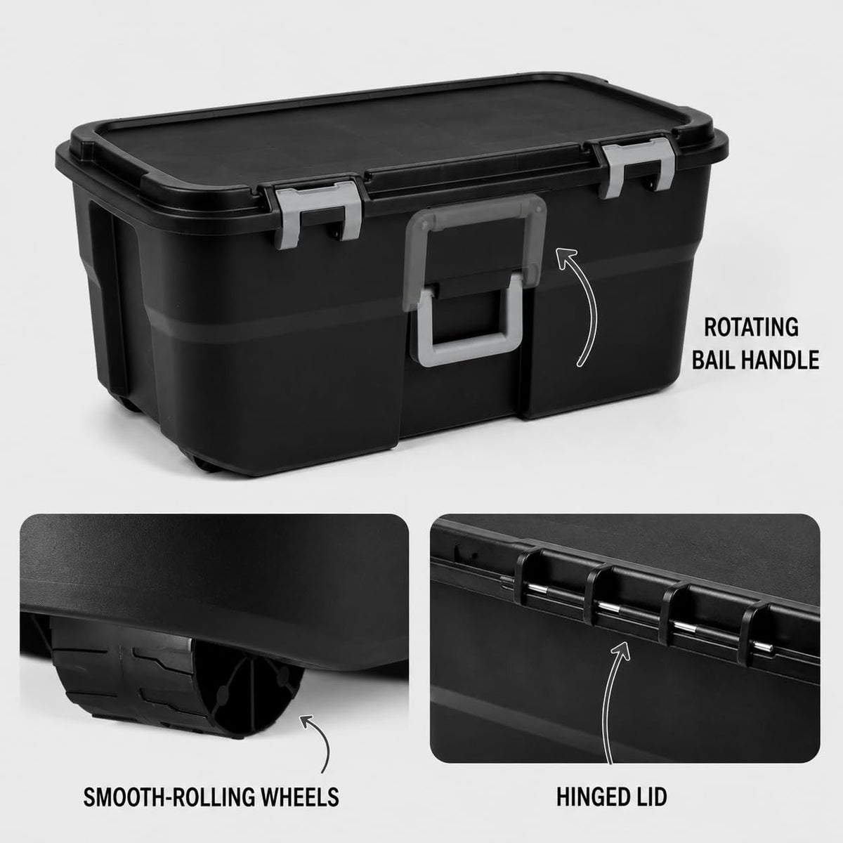 Rolling Storage Trunk with Wheels and Handle, 22 Gallon Black Bin O261610