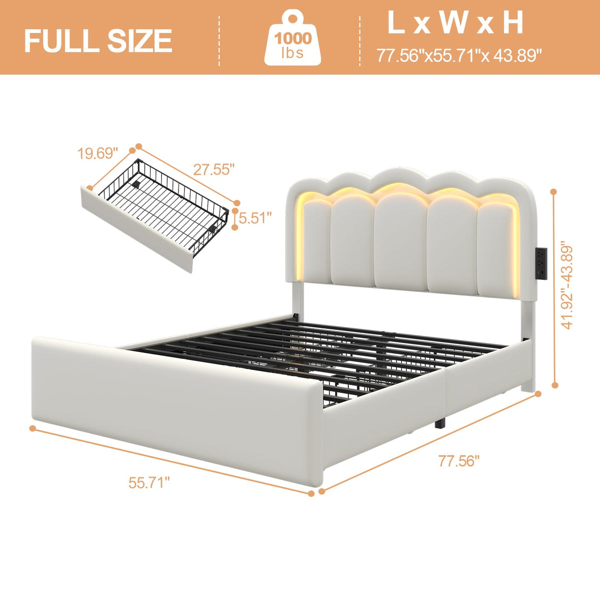 White Full Bed Frame with 4 Storage Drawers M584