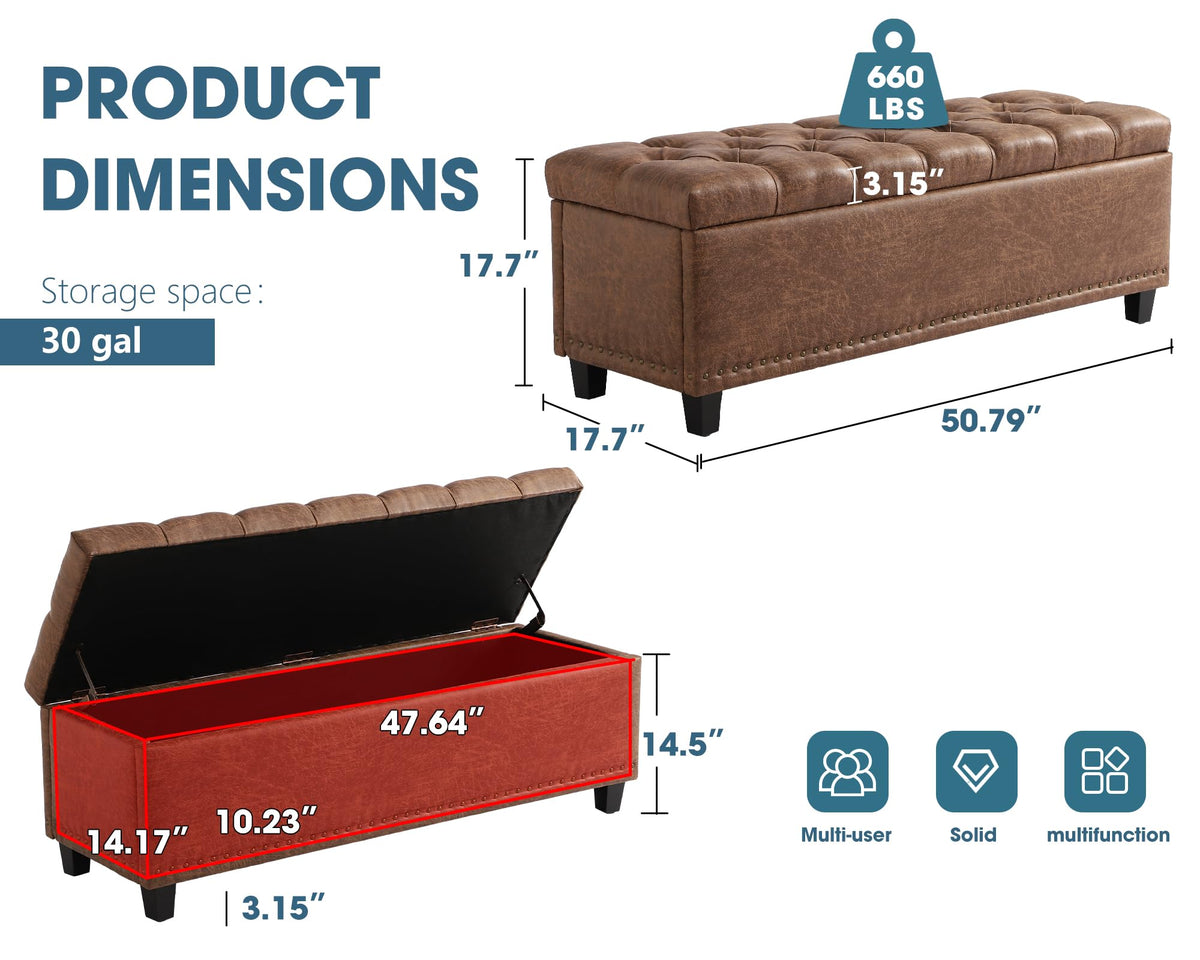 51" Brown Button-Tufted Storage Bench X468