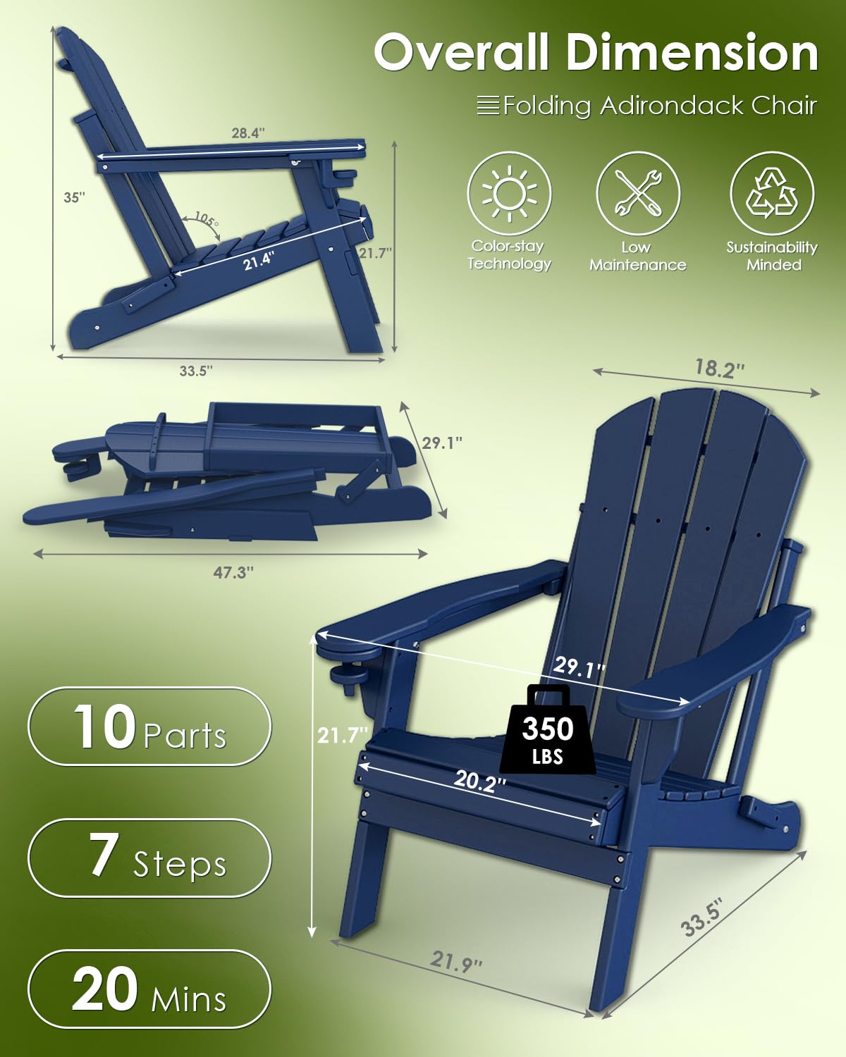 Folding Adirondack Chairs Set of 2 Blue O195