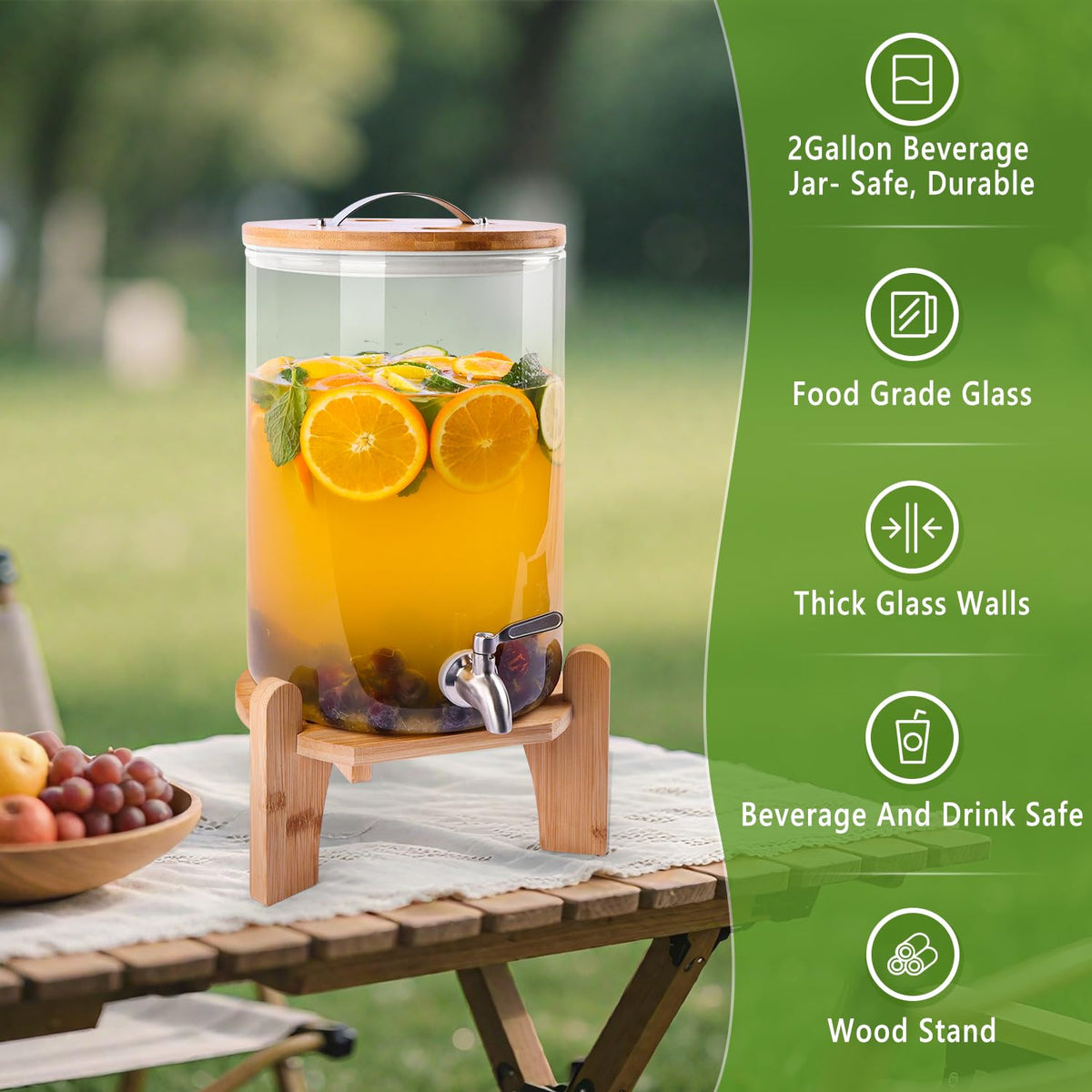 2 Gallon Glass Beverage Dispenser with Wood Stand and Stainless Steel Spigot S246899