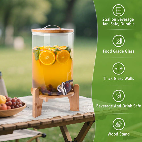 2 Gallon Glass Beverage Dispenser with Wood Stand and Stainless Steel Spigot S246899