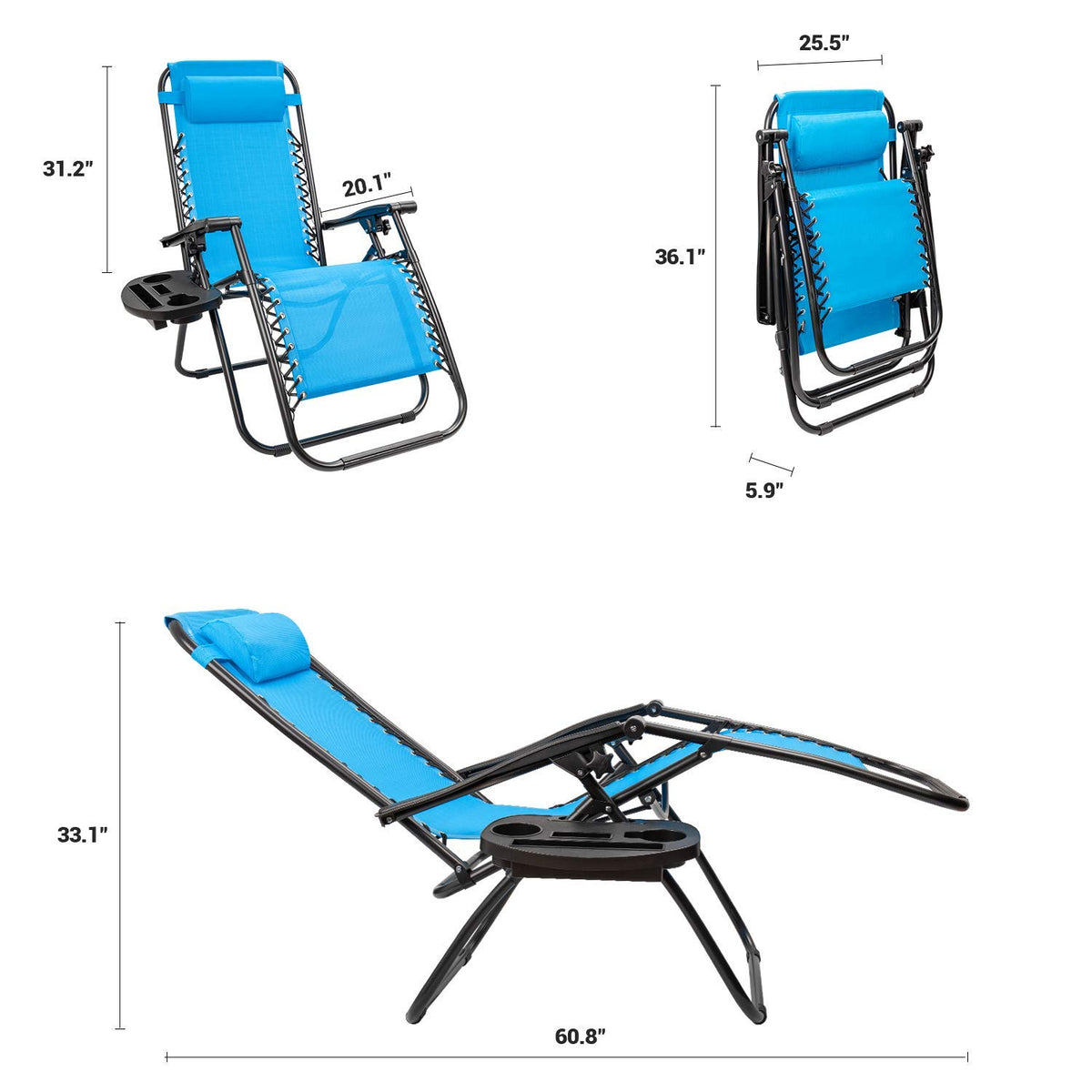 Blue Set of 2 Adjustable Folding Lounge Chair with Pillows and Cup Holders V6386
