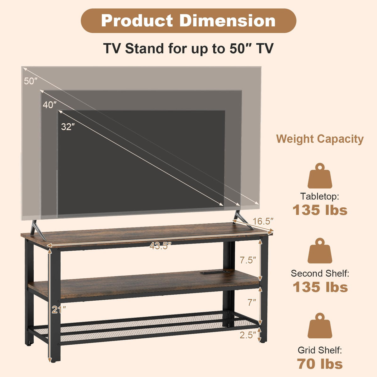 Small 3-Tier TV Stand with Power Outlets and USB Ports Q523322
