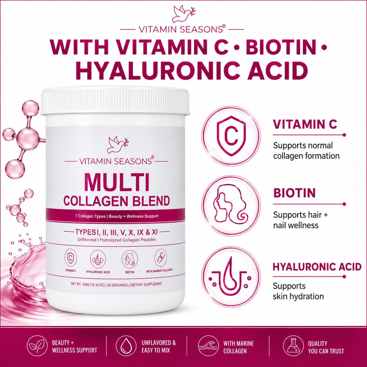 Unflavored Hydrolyzed Collagen Peptides Powder 15.16 oz J240