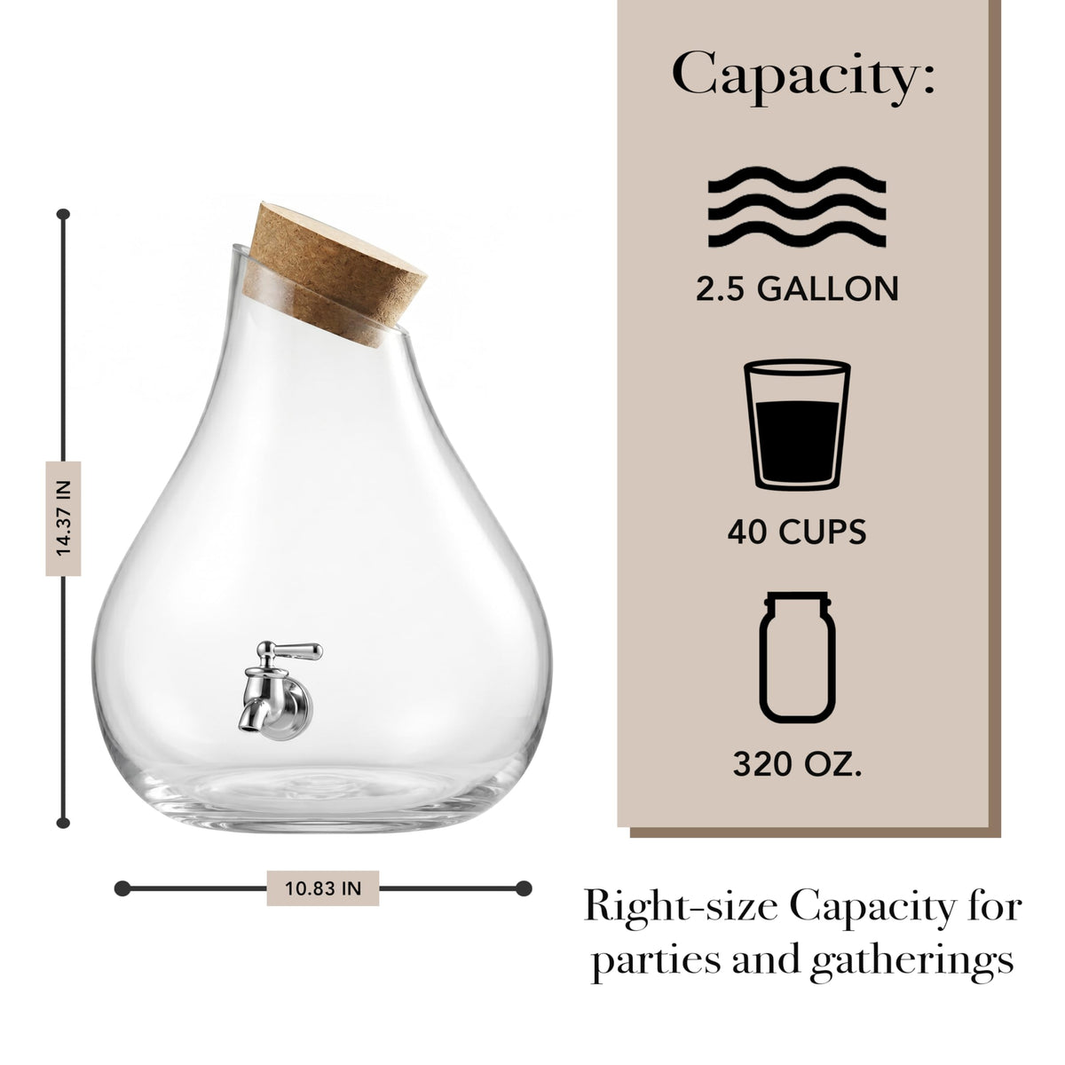 Glass Beverage Dispenser with Cork Lid and Stand 2.5 Gal E915