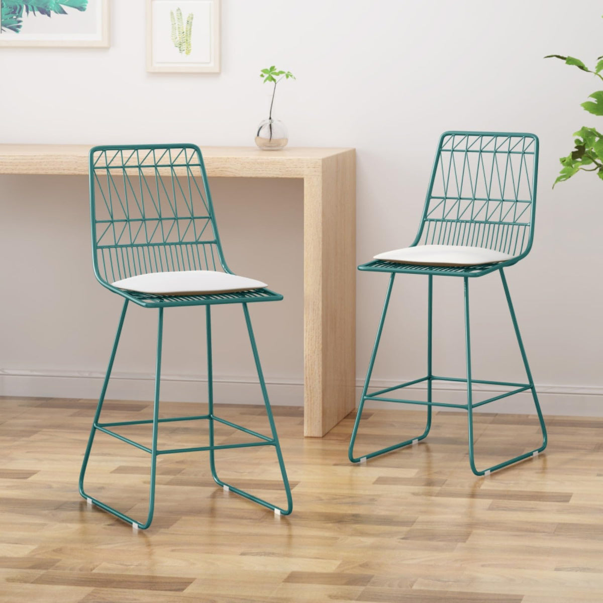 Teal Iron Patio Bar Stools with Cushion, Set of 2 D643
