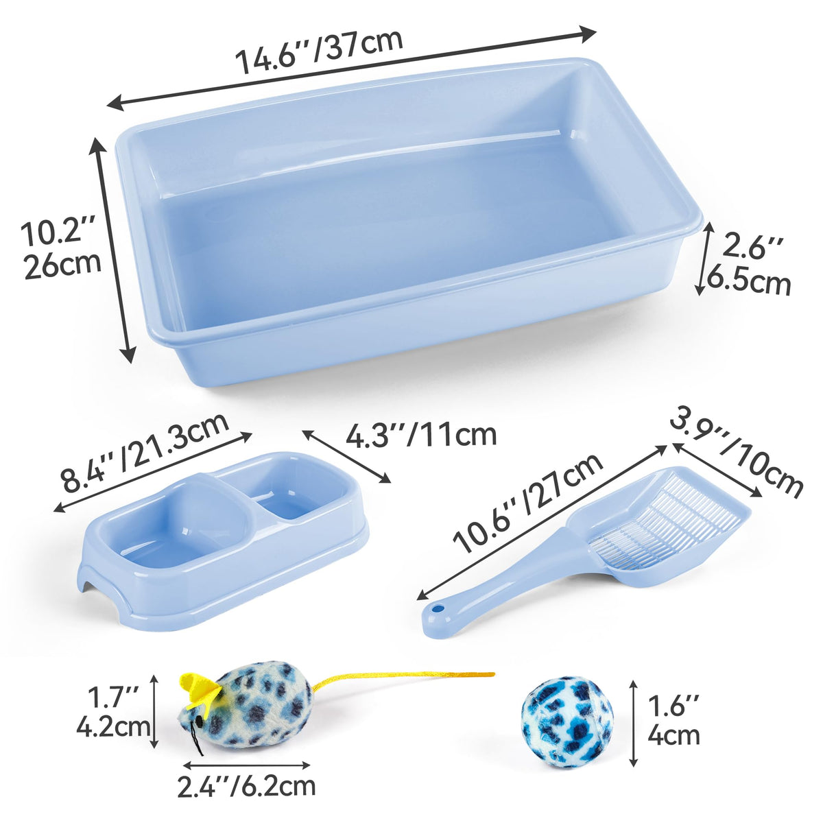 Cat Litter Box Set with Litter Scoop, Double Dish Cat Bowl, Mouse and Ball Toy L80534