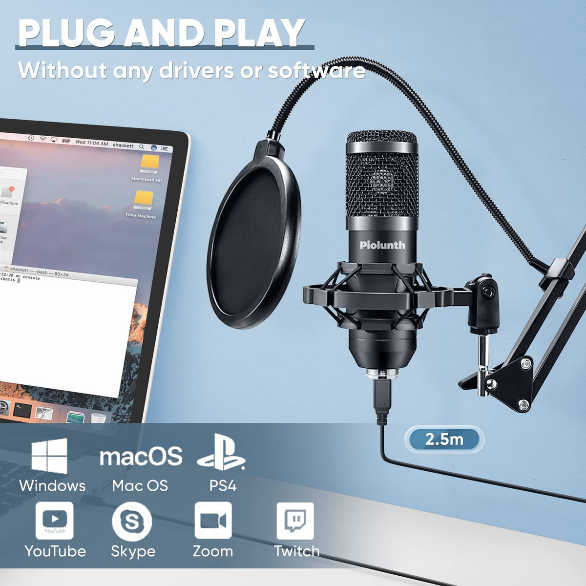 USB Microphone 192kHz/24bit Cardioid Condenser Studio Mic Kit with Boom Arm X96588