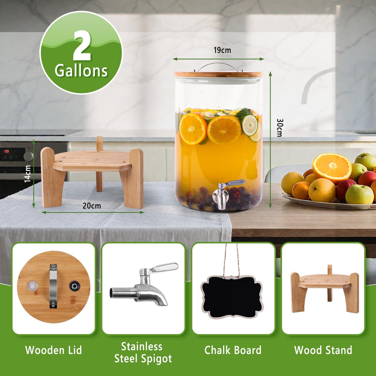 2 Gallon Glass Beverage Dispenser with Wood Stand and Stainless Steel Spigot S246899