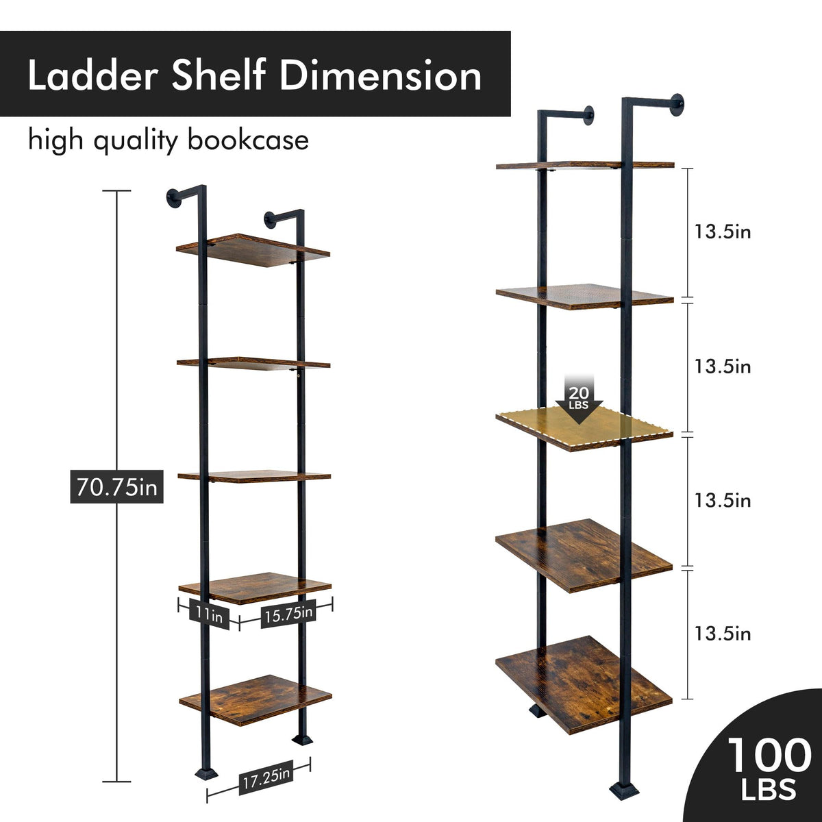5-Tier Ladder Shelf Black Metal Frame Rustic Brown V28245