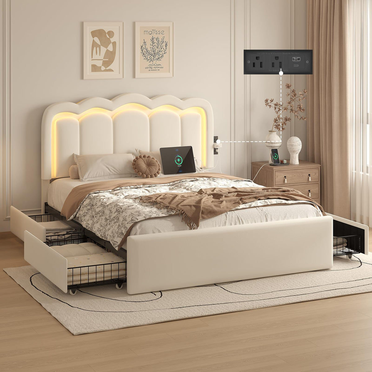 White Full Bed Frame with 4 Storage Drawers M584