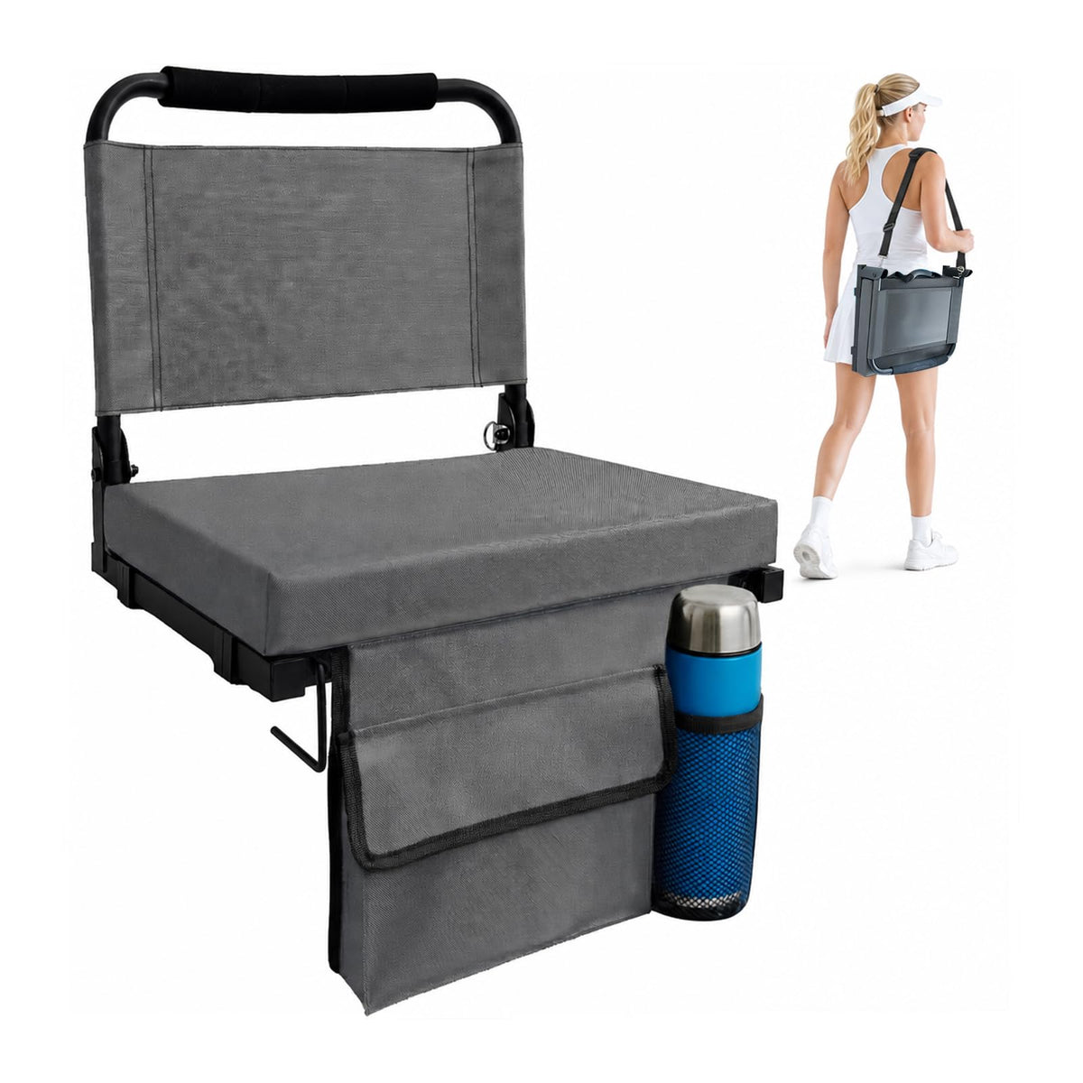 Folding Bleacher Seat with Back Support, Cushion and Shoulder Strap Q2472