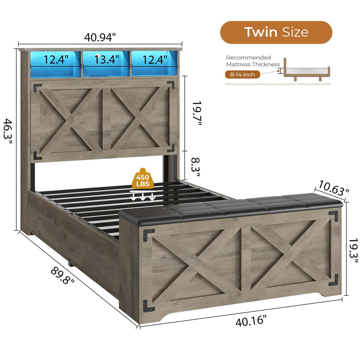 Oak Gray Wood Twin Size Bed Frame with Storage Headboard and Charging Station P846355