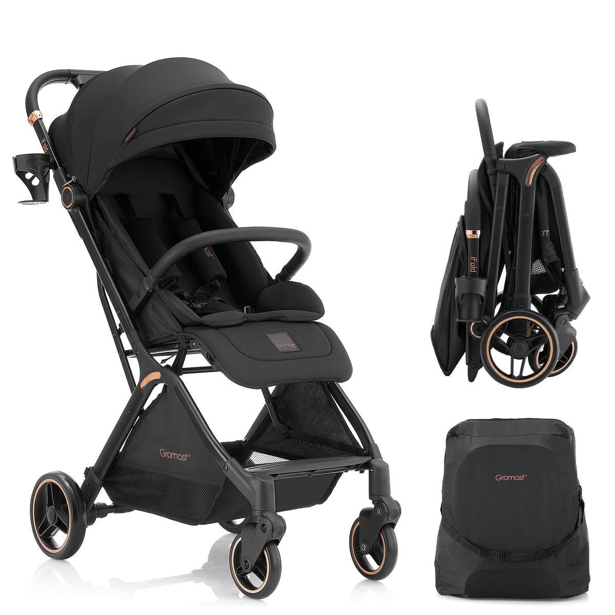 Gravity Folding Baby Stroller with Canopy & Cup Holder, Black Z30324