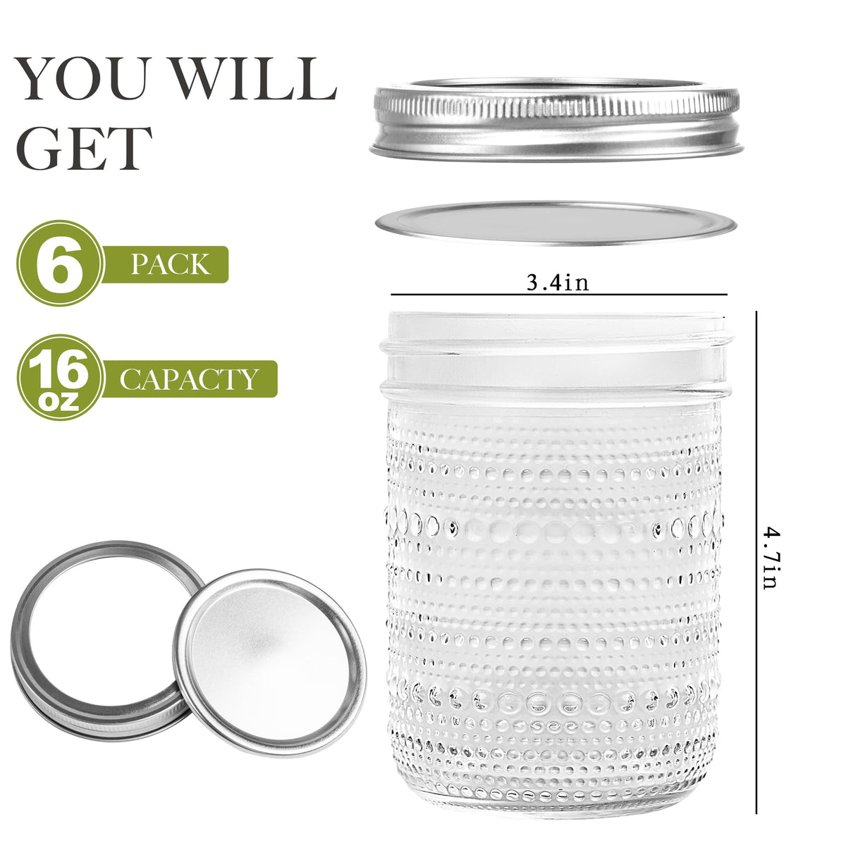 16 Oz Wide Mouth Glass Mason Jars 6 Packs D29685