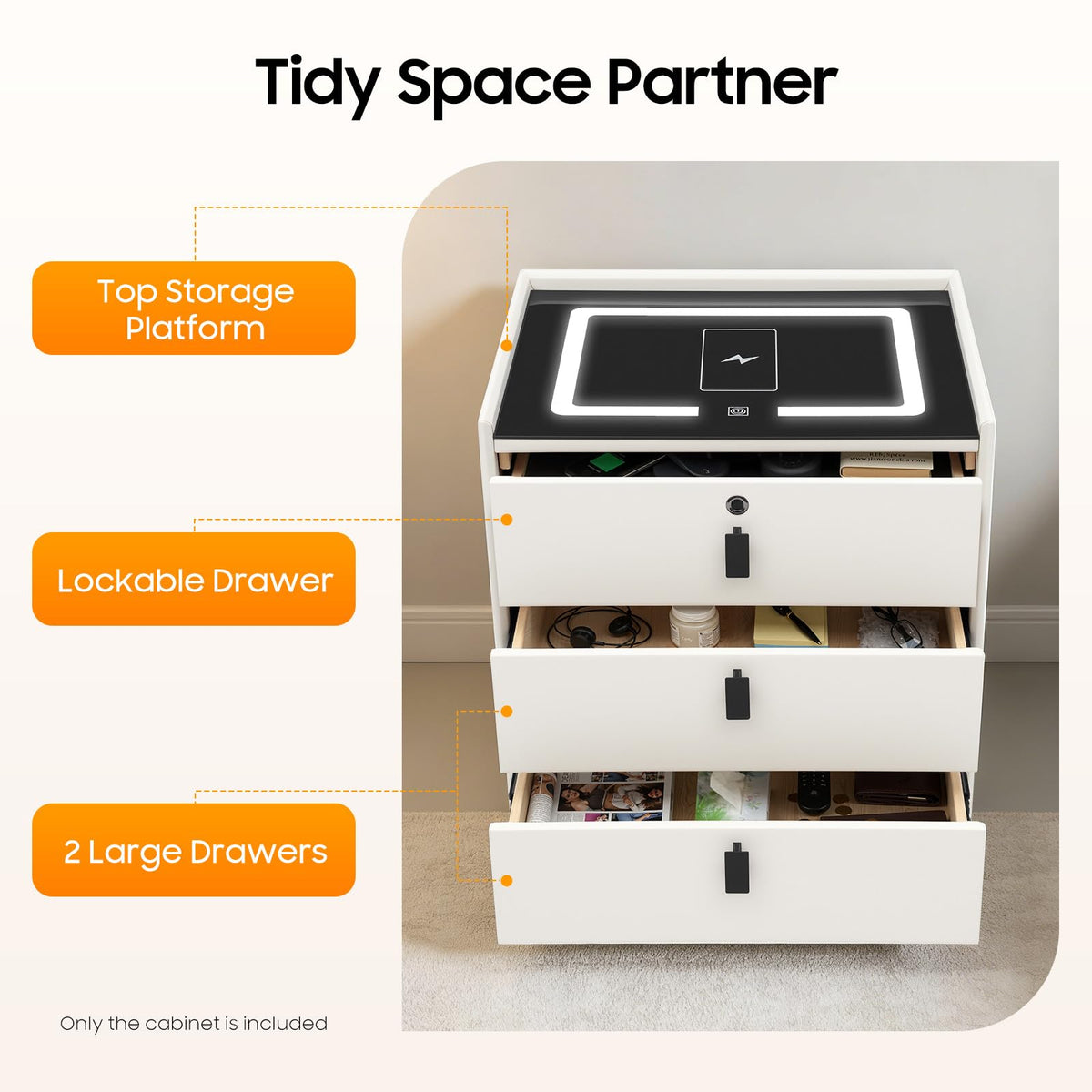 3 Drawer Smart Nightstand with Bluetooth Speaker USB Charging Y213