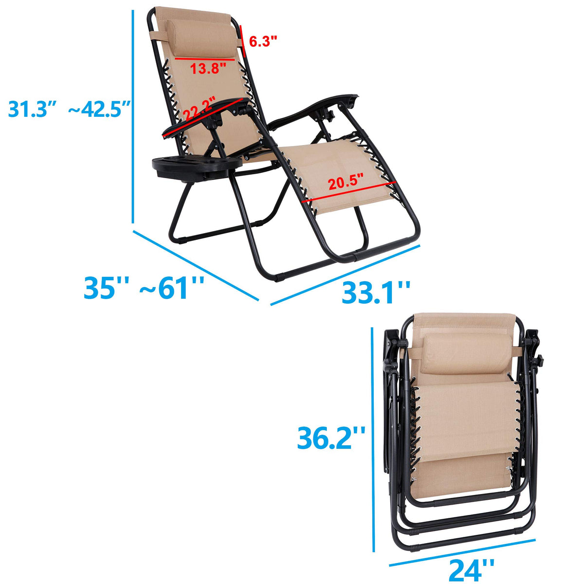 Zero Gravity Chair Set of 2 Folding Recliner with Cup Holder Tray and Pillow C8007