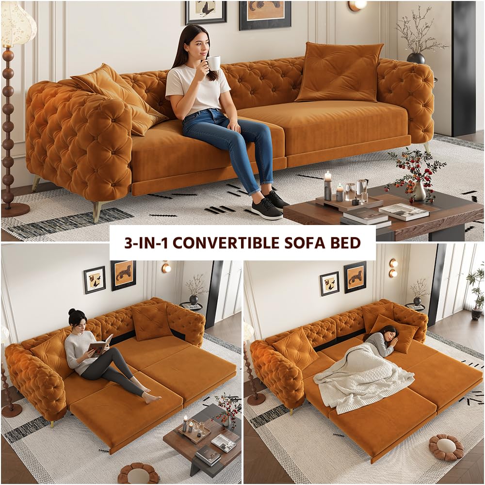 Orange Velvet 3 in 1 Convertible Sleeper Sofa E64856