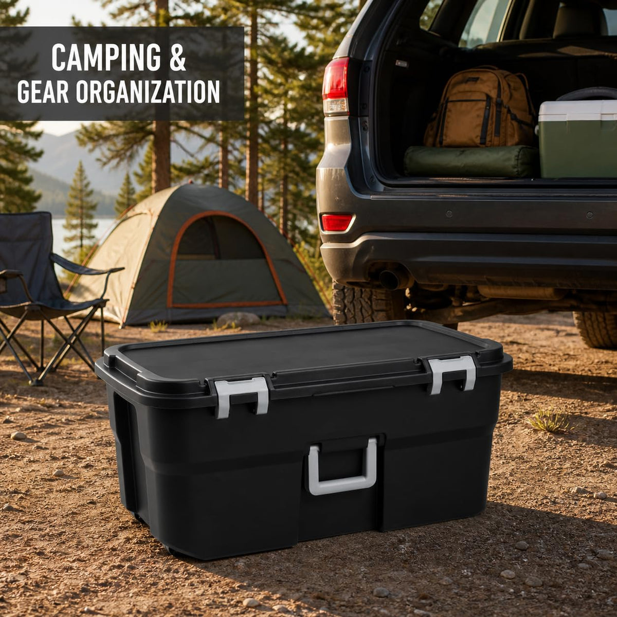 Rolling Storage Trunk with Wheels and Handle, 22 Gallon Black Bin O261610