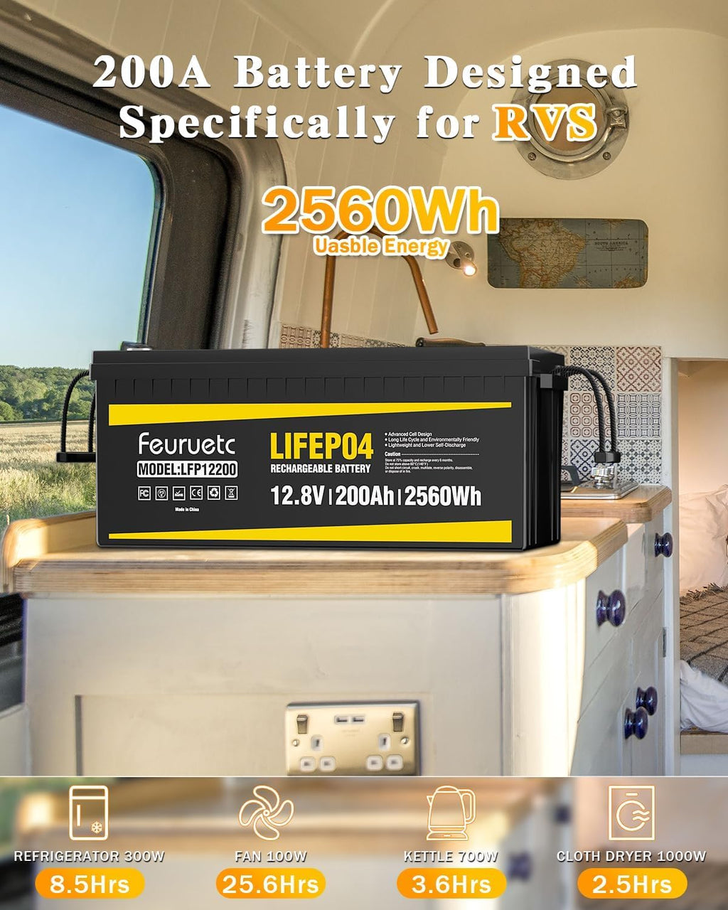 12V 200Ah LiFePO4 Deep Cycle Lithium Battery with 200A BMS L892