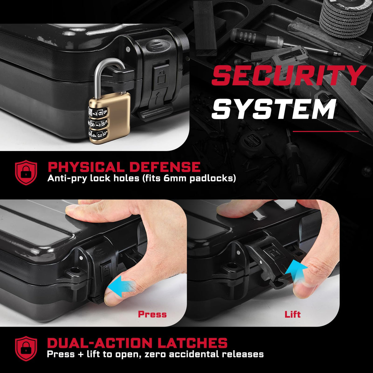 Black Steel Tool Box with Safety Latch and Handle F233