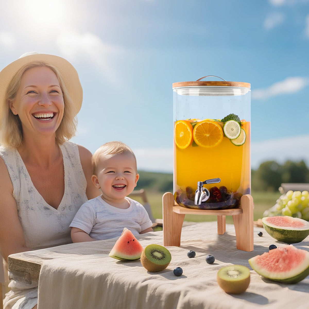 2 Gallon Glass Beverage Dispenser with Wood Stand and Stainless Steel Spigot S246899