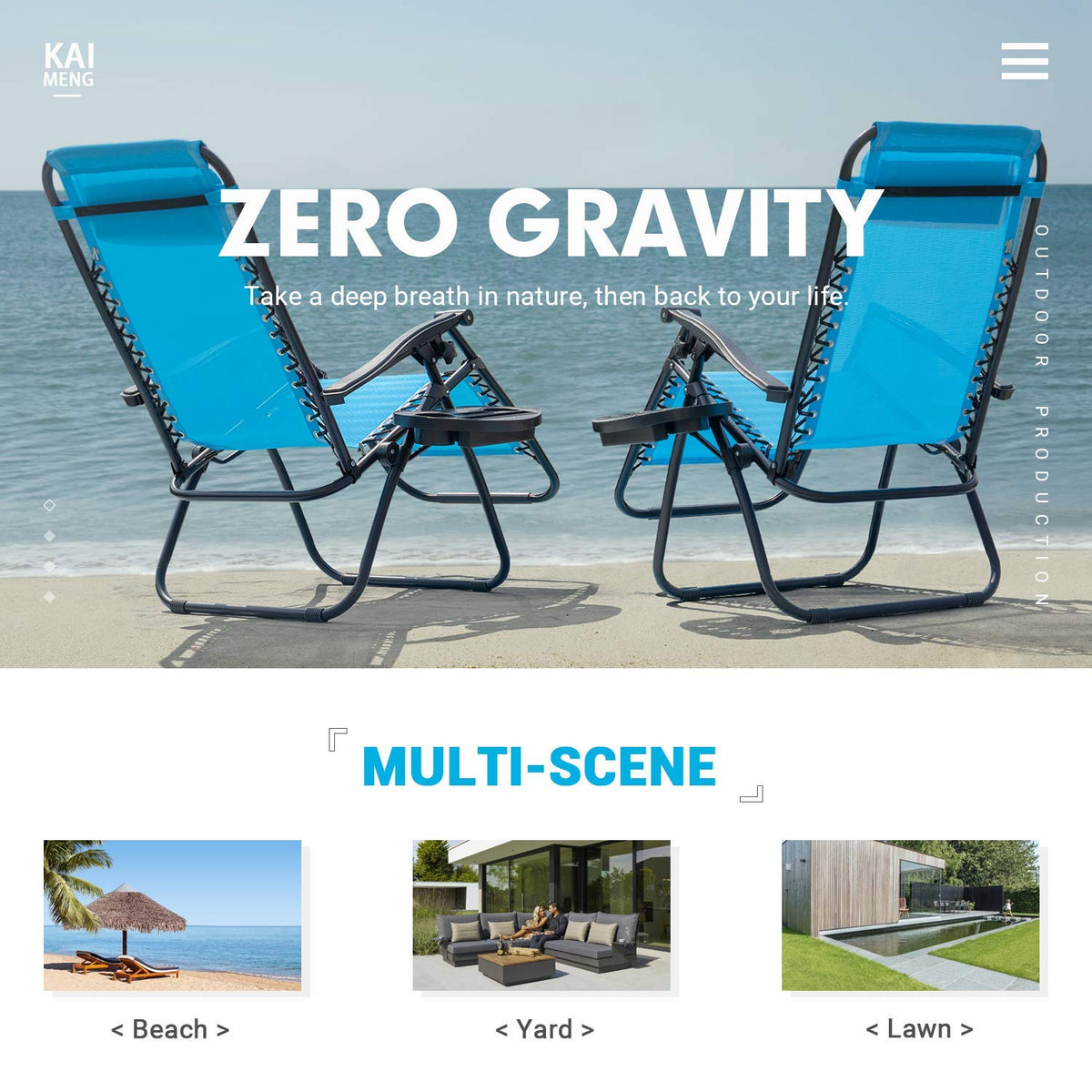 Blue Set of 2 Adjustable Folding Lounge Chair with Pillows and Cup Holders V6386