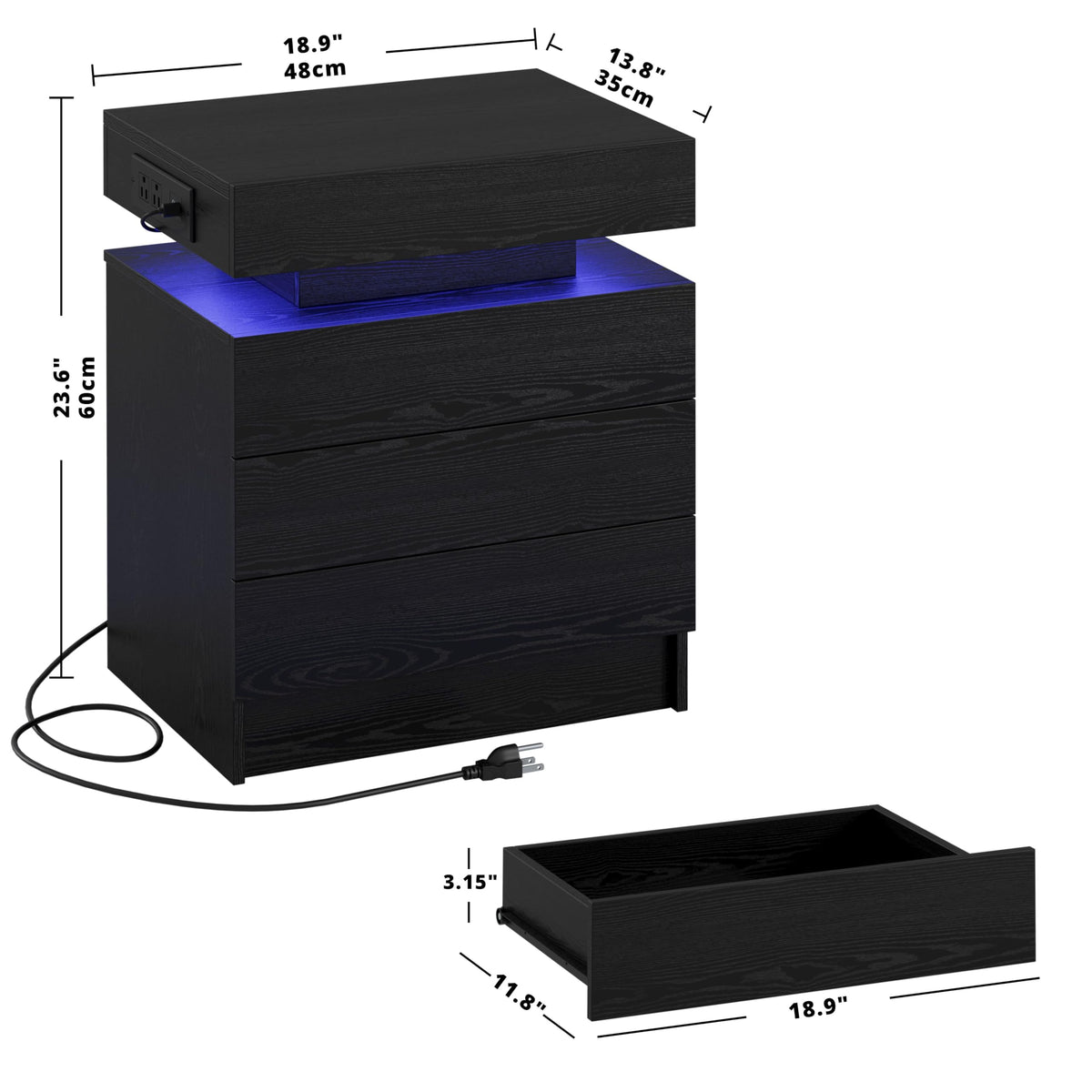 Black 3 Drawer Nightstand with Charging Station U93152
