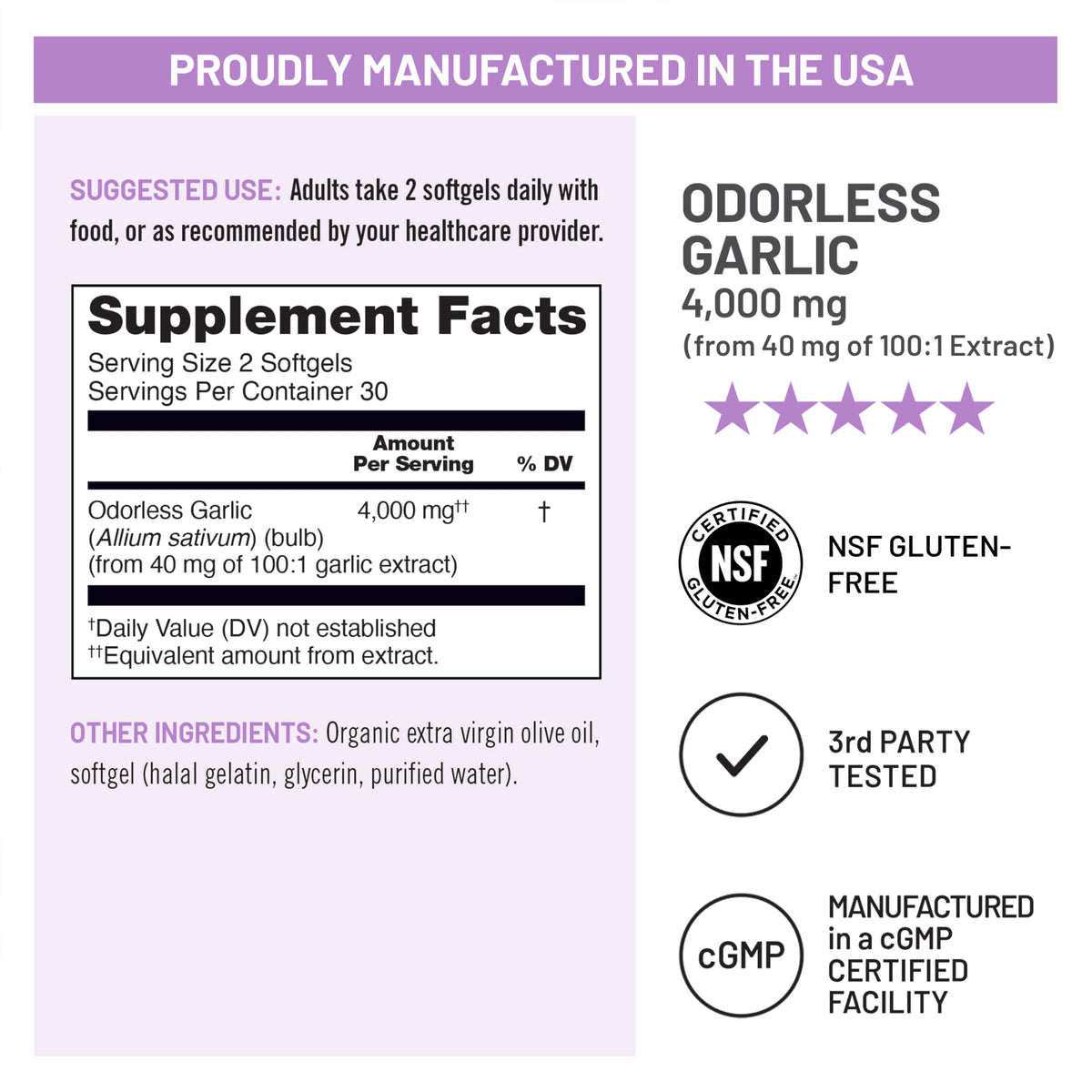 Odorless Garlic Supplement 4000mg 60 Count S18679