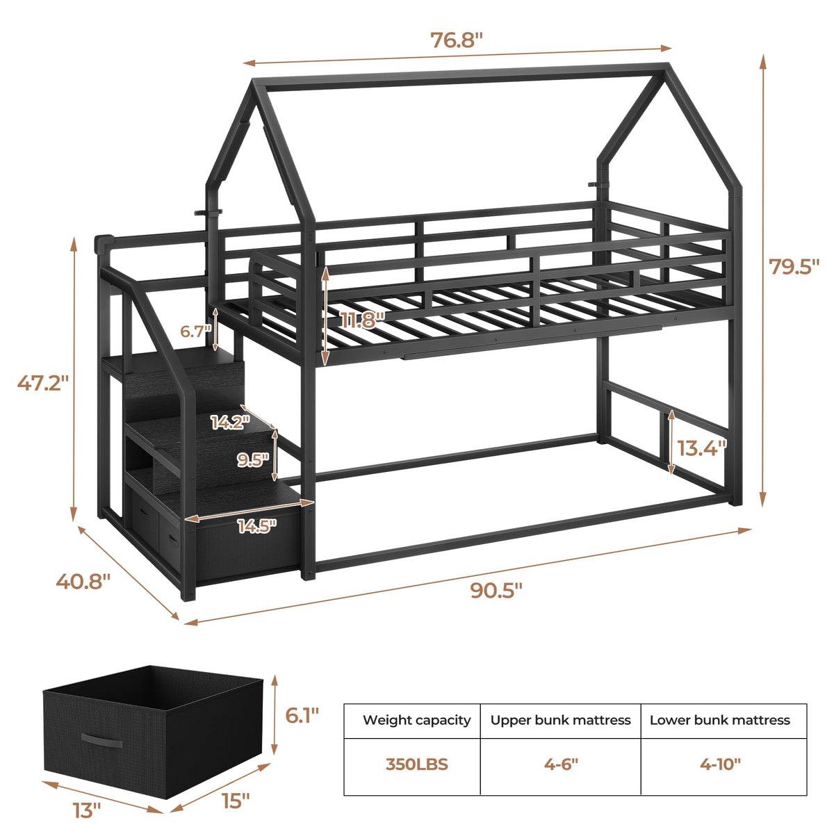 Black Twin Over Twin Metal Bunk Bed with Storage Staircase P59935