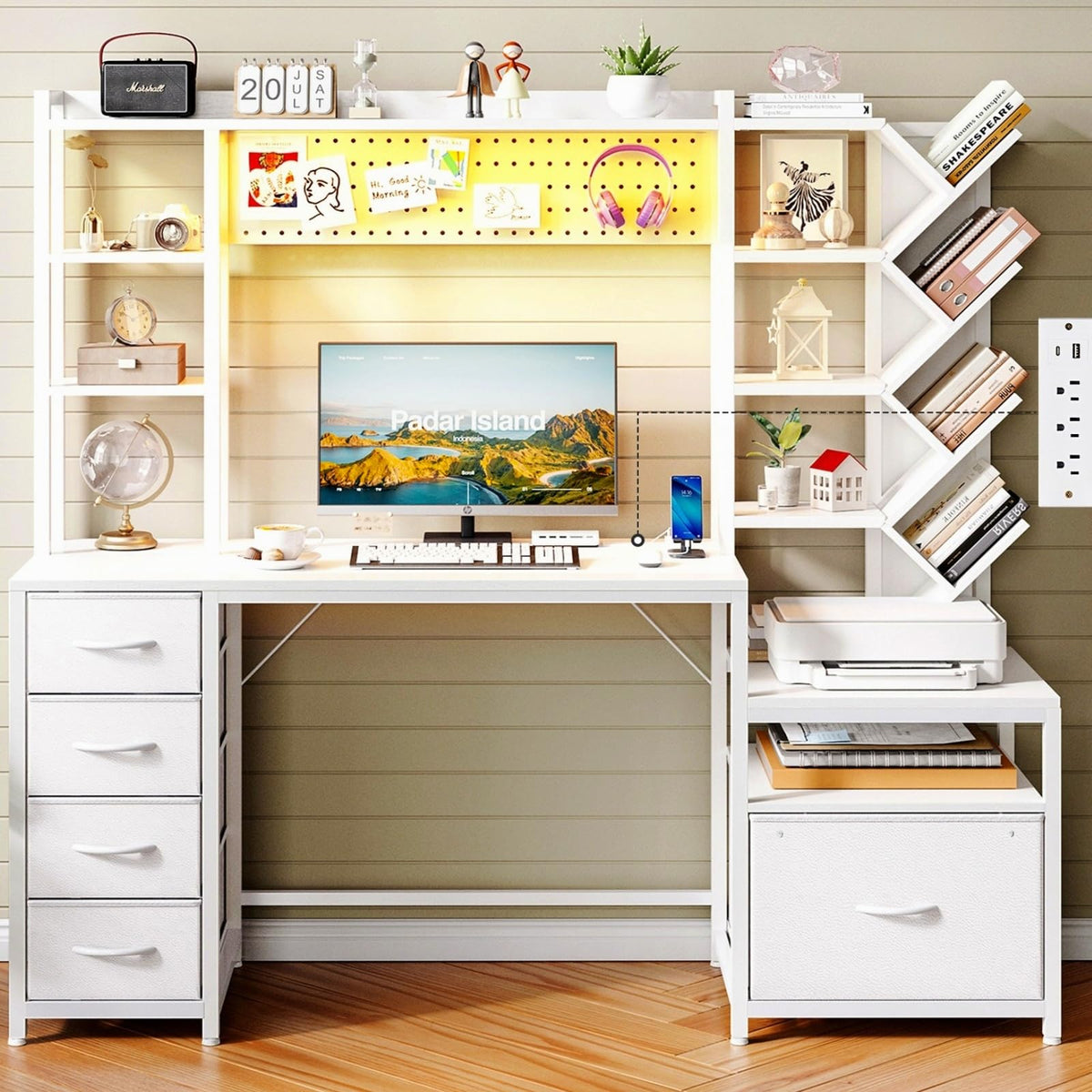 61.4" Computer Desk with Bookshelf, 5 Drawers, Hutch, Outlet, LED T7134