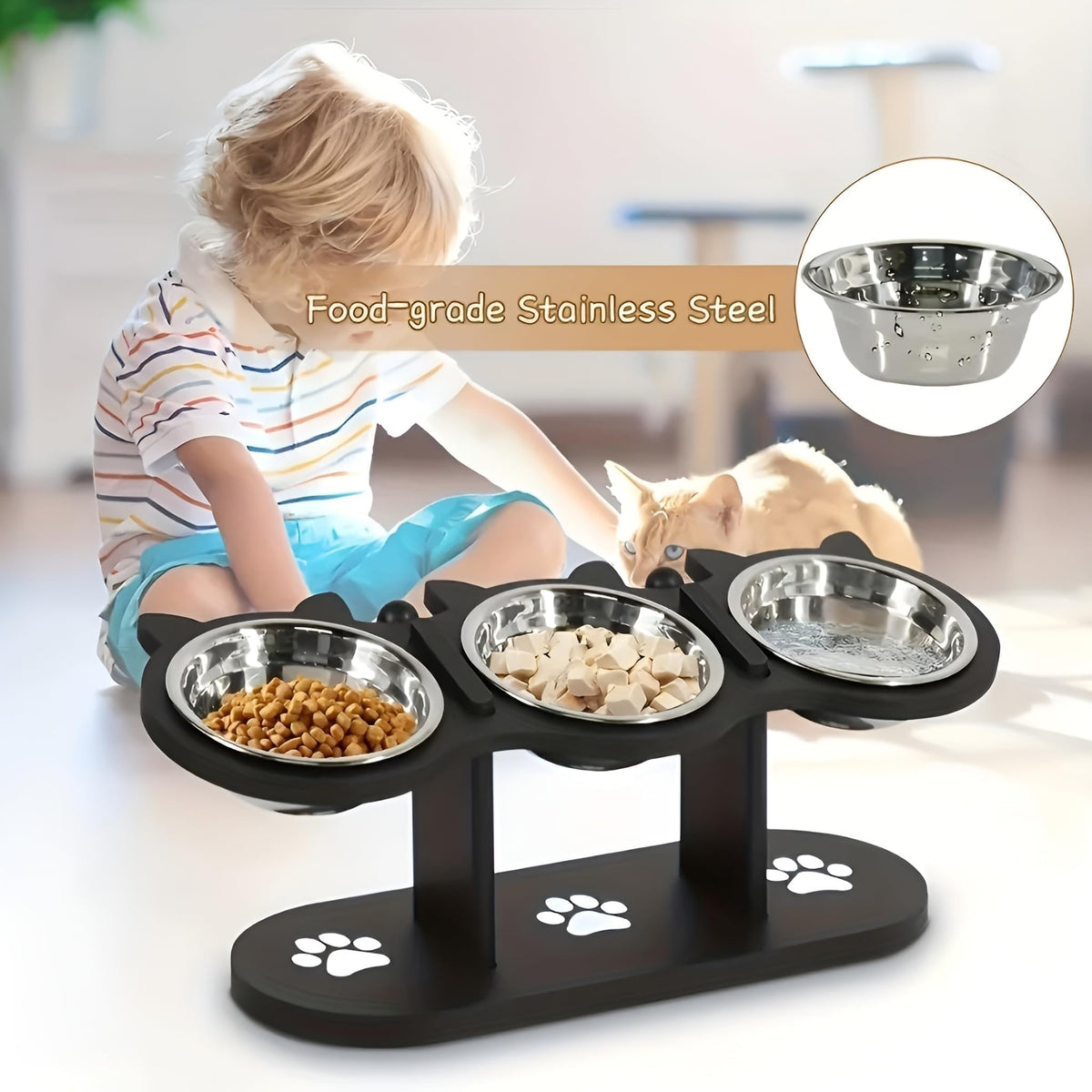 Raised Cat Bowls with 3 Stainless Steel Bowls W4373