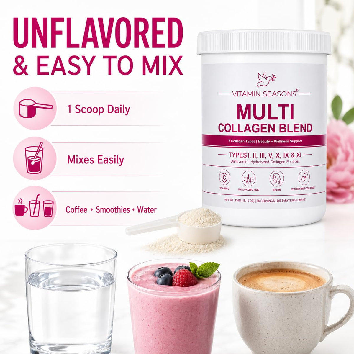 Unflavored Hydrolyzed Collagen Peptides Powder 15.16 oz J240