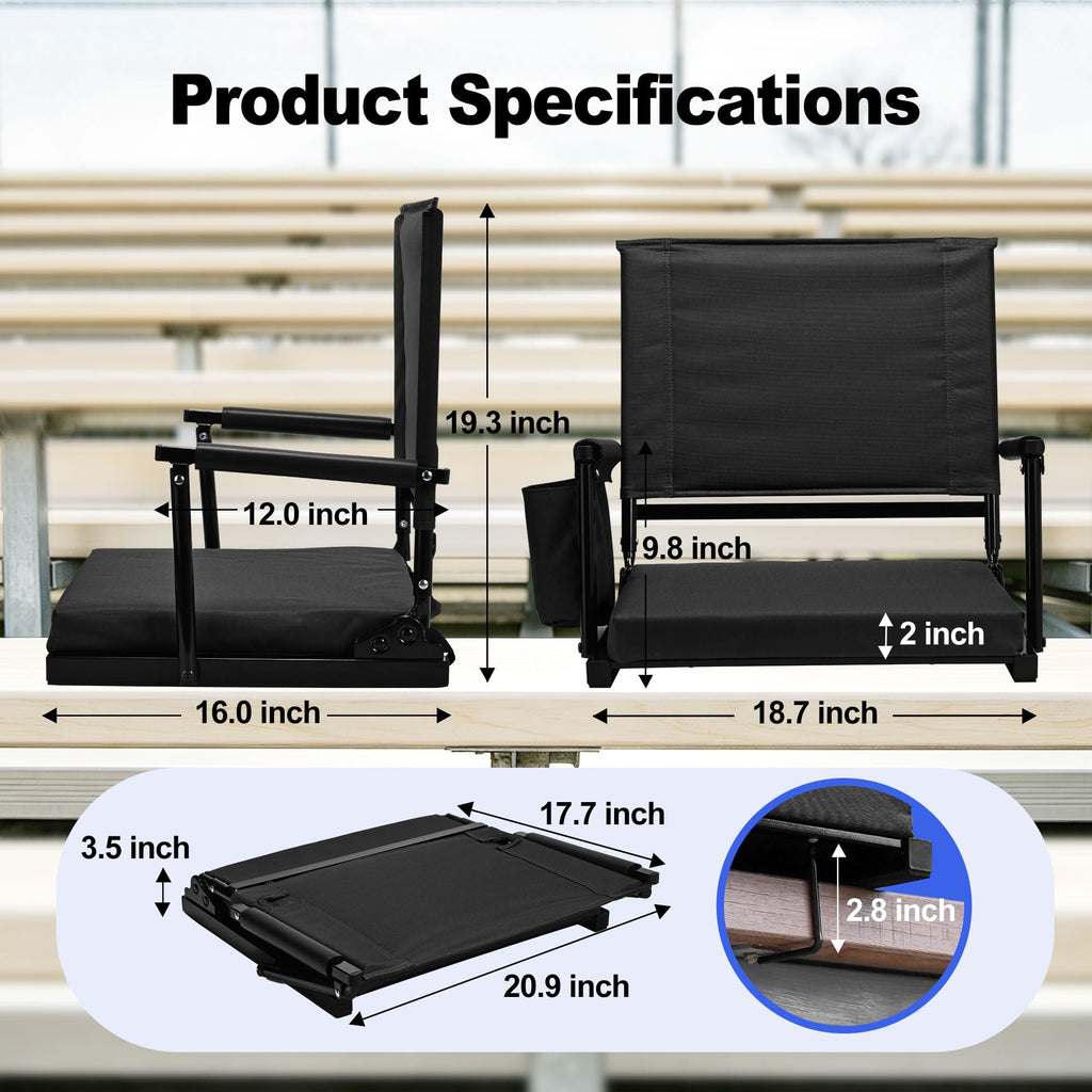 2 Packs Foldable Stadium Seats with Adjustable Backrest and Cup Holders Black H632