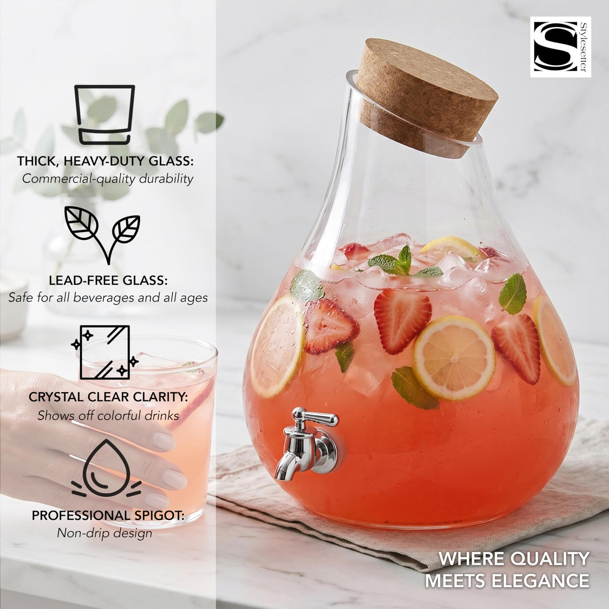 Glass Beverage Dispenser with Cork Lid and Stand 2.5 Gal E915