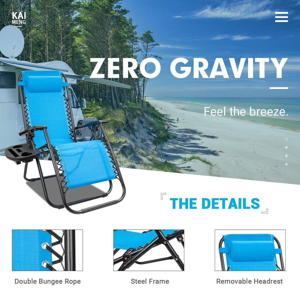Blue Set of 2 Adjustable Folding Lounge Chair with Pillows and Cup Holders V6386