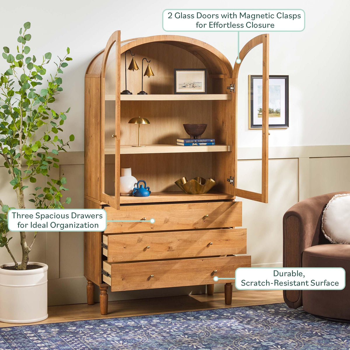 74 Inch English Oak Bookshelf Cabinet with Glass Doors M302435