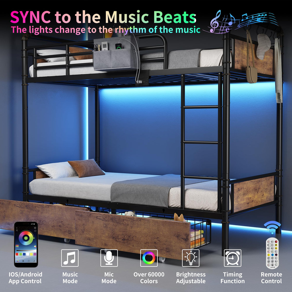 Metal LED Bunk Bed Twin Over Twin with 2 Storage Drawers O93706
