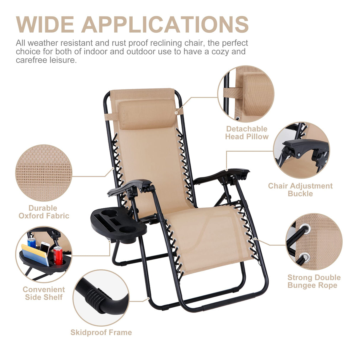 Zero Gravity Chair Set of 2 Folding Recliner with Cup Holder Tray and Pillow C8007