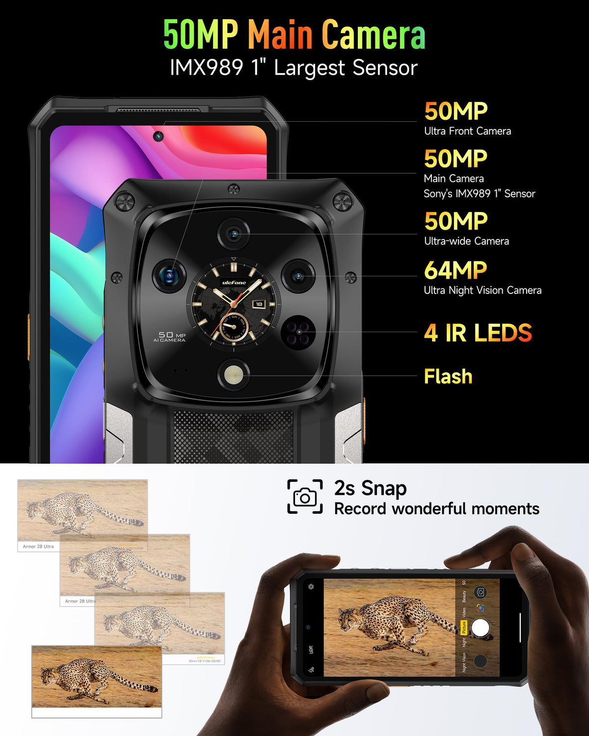 5G AI Rugged Phone, 32GB+1TB/2TB Expansion, 6.67" Dual Screen, 64MP+50MP+50MP Camera, 120W, IP68/IP69K, Android 15 Q468